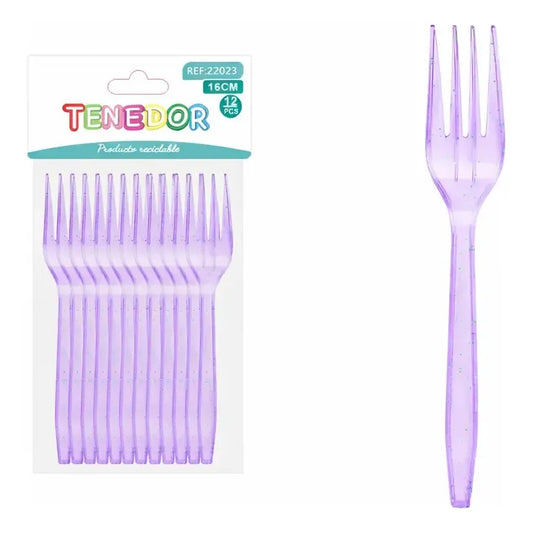 12 Tenedores Plásticos Desechables Glitter Colores Surtidos Morado