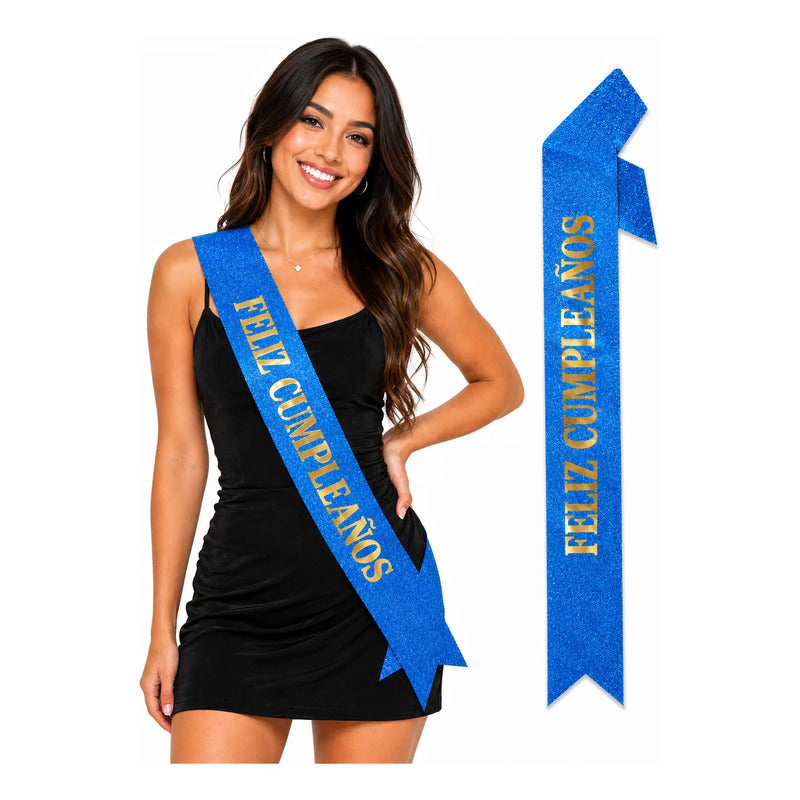 Banda Feliz Cumpleaños Con Glitter Para Fiesta Azul