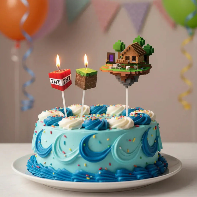 Set De 3 Velas Para Torta Party! De Minecraft Con Bloques Y Casa