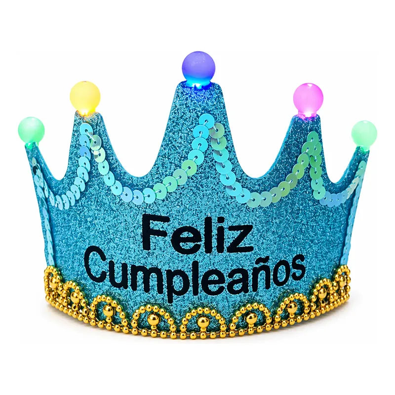 Corona Feliz Cumpleaños Con Luces Led Cotillón Fiesta Celest Celeste