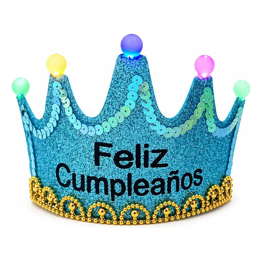 Corona Feliz Cumpleaños Con Luces Led Cotillón Fiesta Celest Celeste