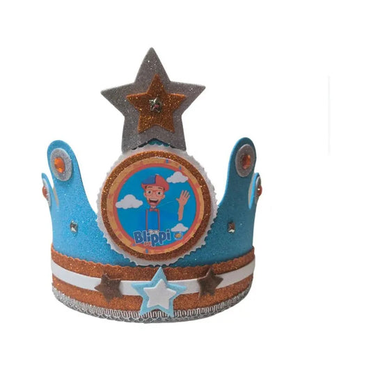 Corona De Cumpleaños Blippi Con Glitter Infantil Celeste