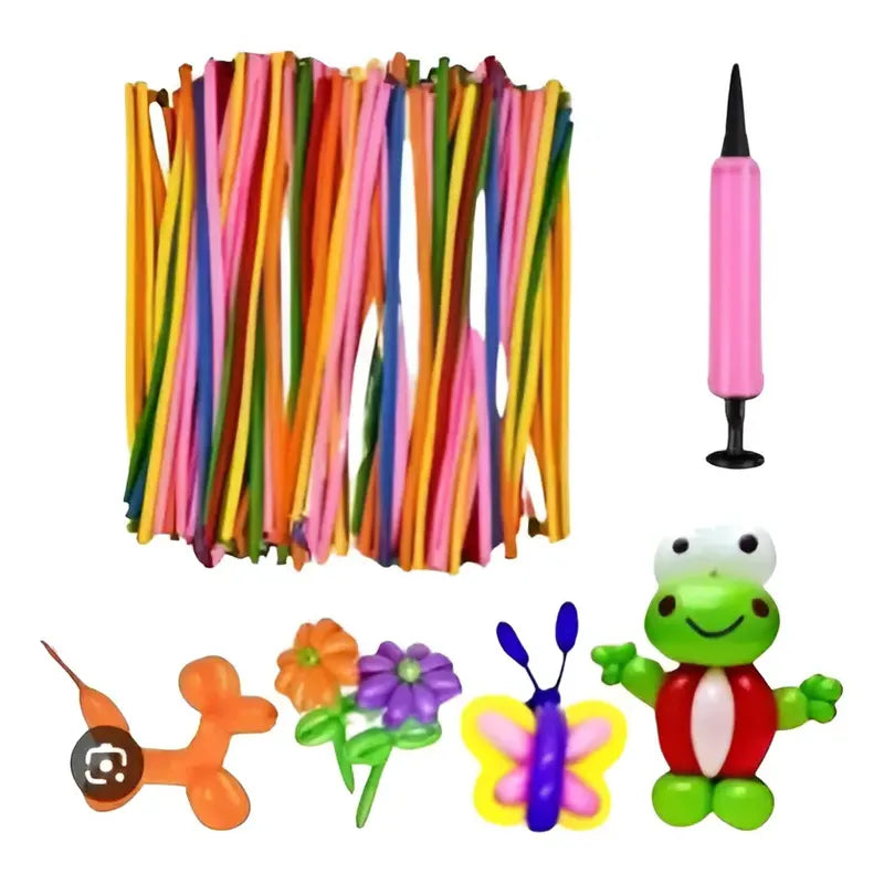 Pack 20 Globos Largos Globoflexia Cumpleaños + Bombín Surtido