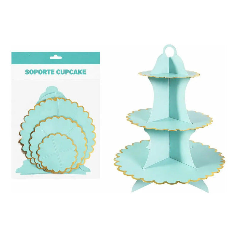 Soporte Para Cupcakes 3 Pisos Cartón Celeste Borde Dorado Celeste