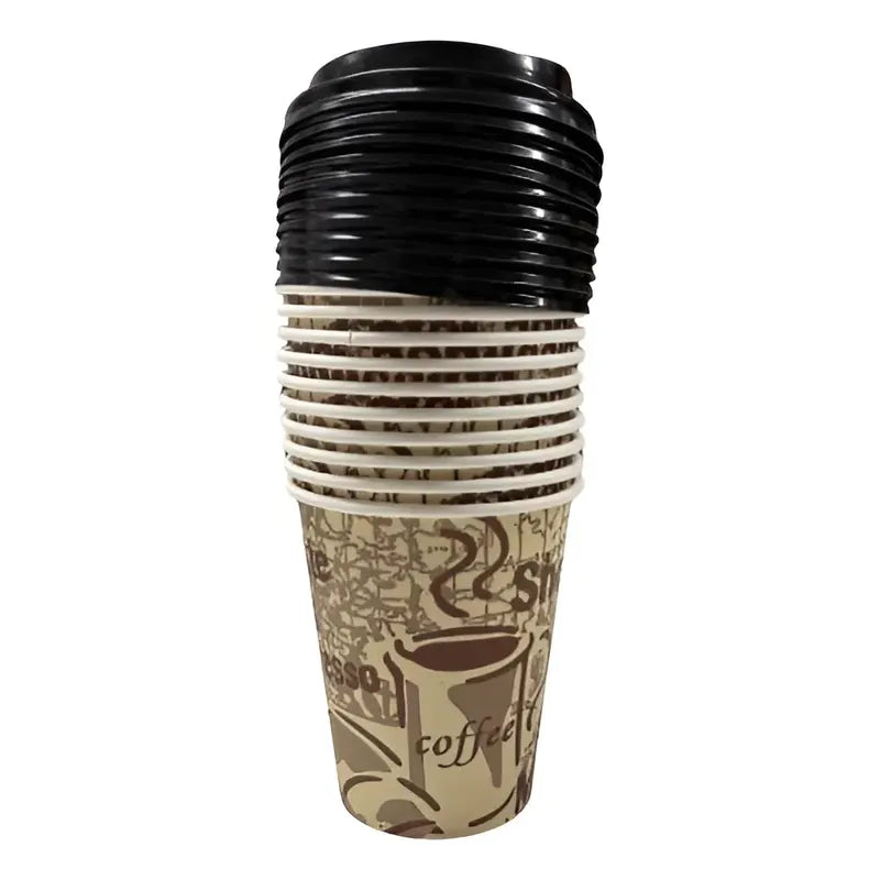 Pack 10 Vasos Poli Papel Para Café + Tapa  270 Ml Beige