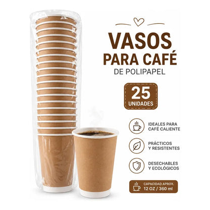 Vasos De Cartón Polipapel Doble Para Café 8oz Pack 25 Unid Beige