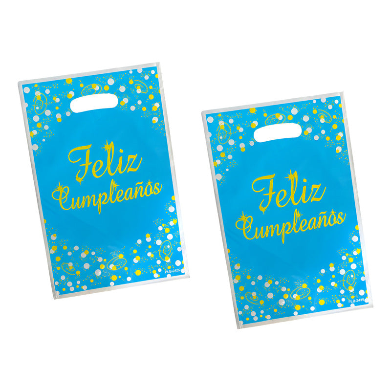 10 Bolsas Dulceras Celeste De Feliz Cumpleaños 17x25 Cm