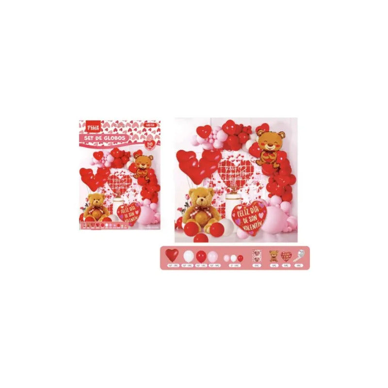 Set De Globos San Valentín Decoración Osito 58 Piezas Rojo