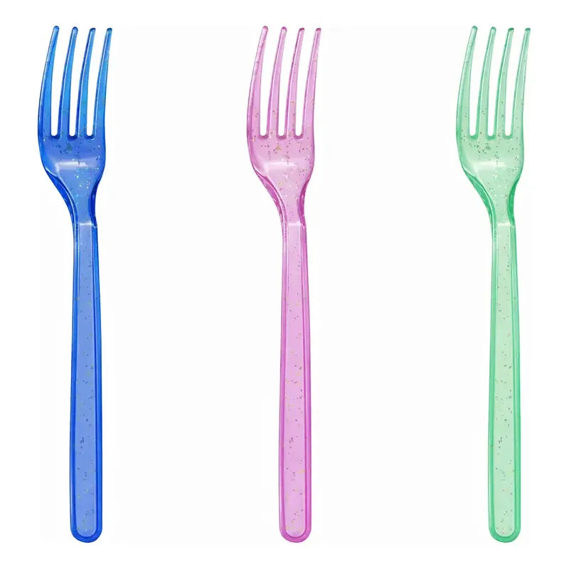 12 Tenedores Plásticos Desechables Glitter Colores Surtidos Verde Claro