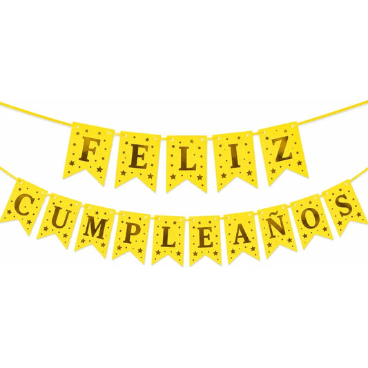Guirnalda Feliz Cumpleaños Con Letras Doradas Y Estrellas Amarillo