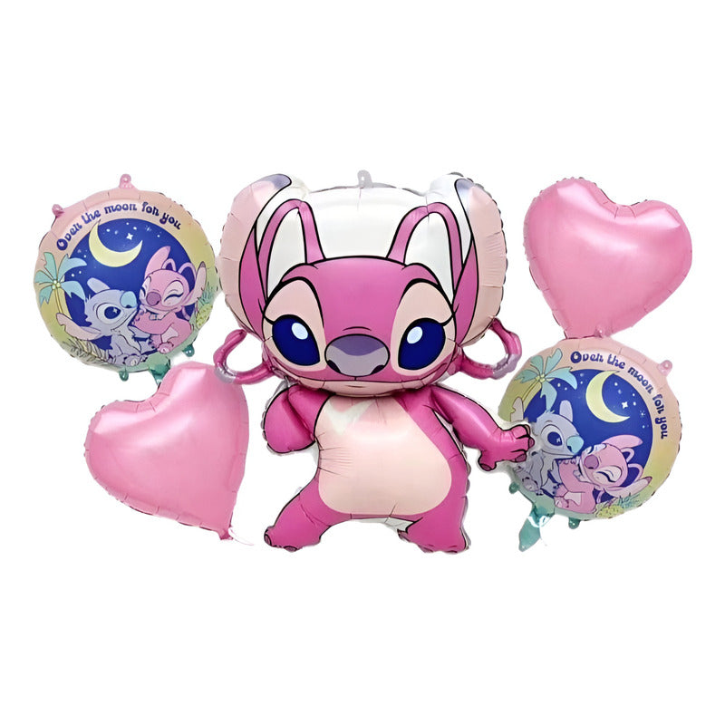 Set De Globos Decoración  Stitch Y Angel 5 Unidades Rosa