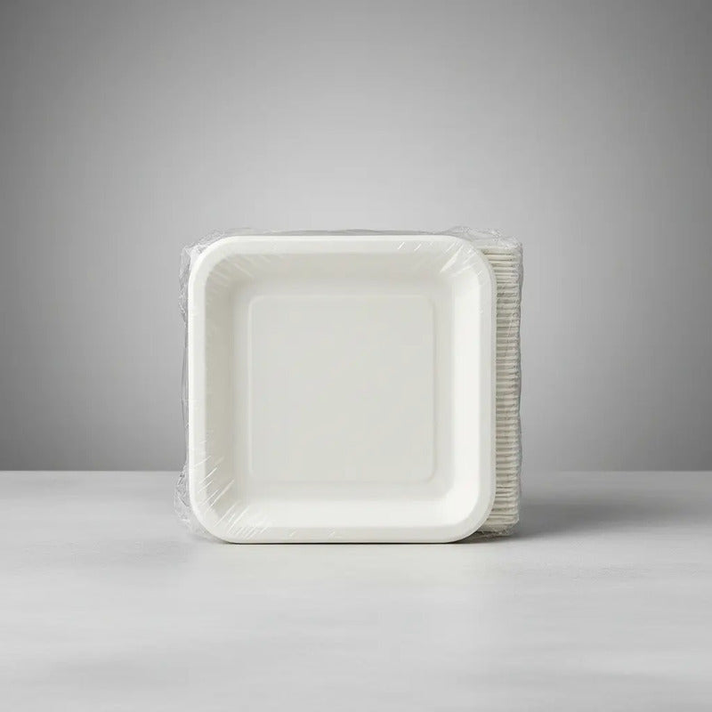 50 Platos Cuadrados Cartón Biodegradables 22 Cm Tortas Blanco