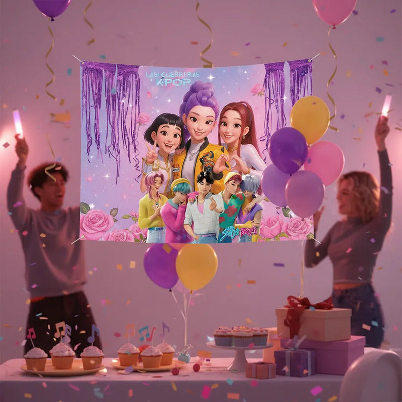 Pendon De Cumpleaños Pvc Guerreras K-pop Huntrix Decoración Violeta