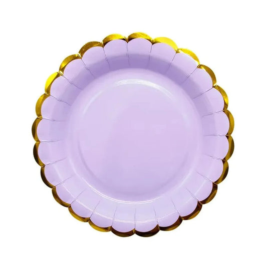 Pack 6 Platos De Cartón Pastel Con Borde Dorado Para Fiestas Lila