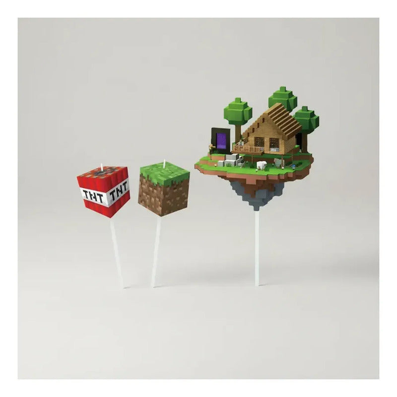 Set De 3 Velas Para Torta Party! De Minecraft Con Bloques Y Casa