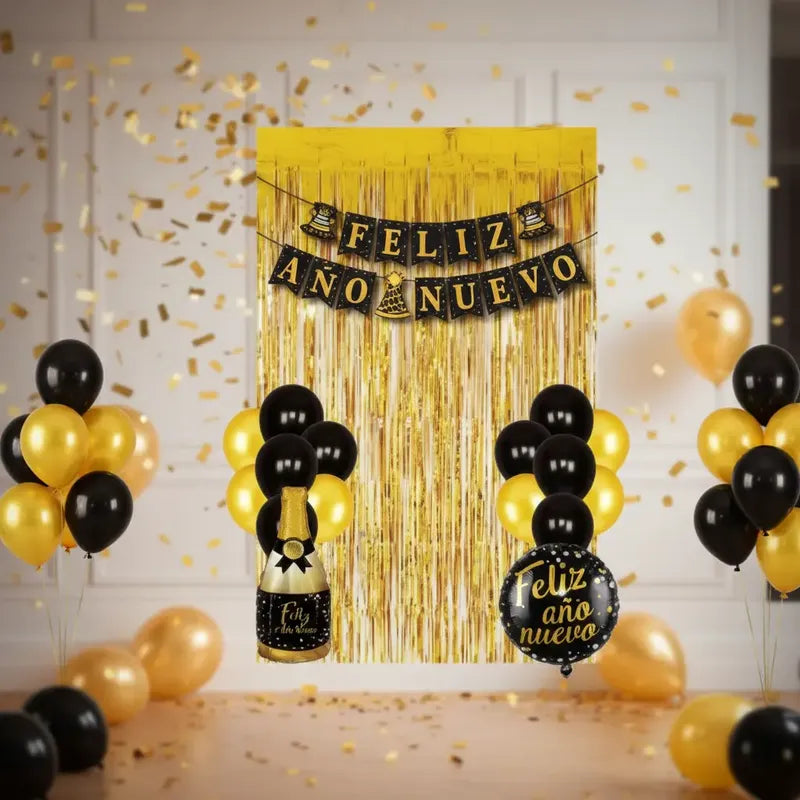 Set Decoración Año Nuevo Dorado Y Negro Con Globos