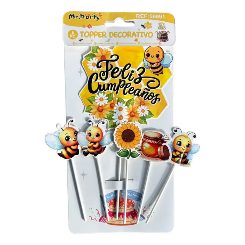 Topper Decorativo Para Torta Cumpleaños Abejita X 6 Unidades Amarillo