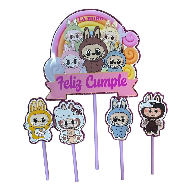Pack 6 Topper Cumpleaños Labubu Multicolor Feliz Cumple