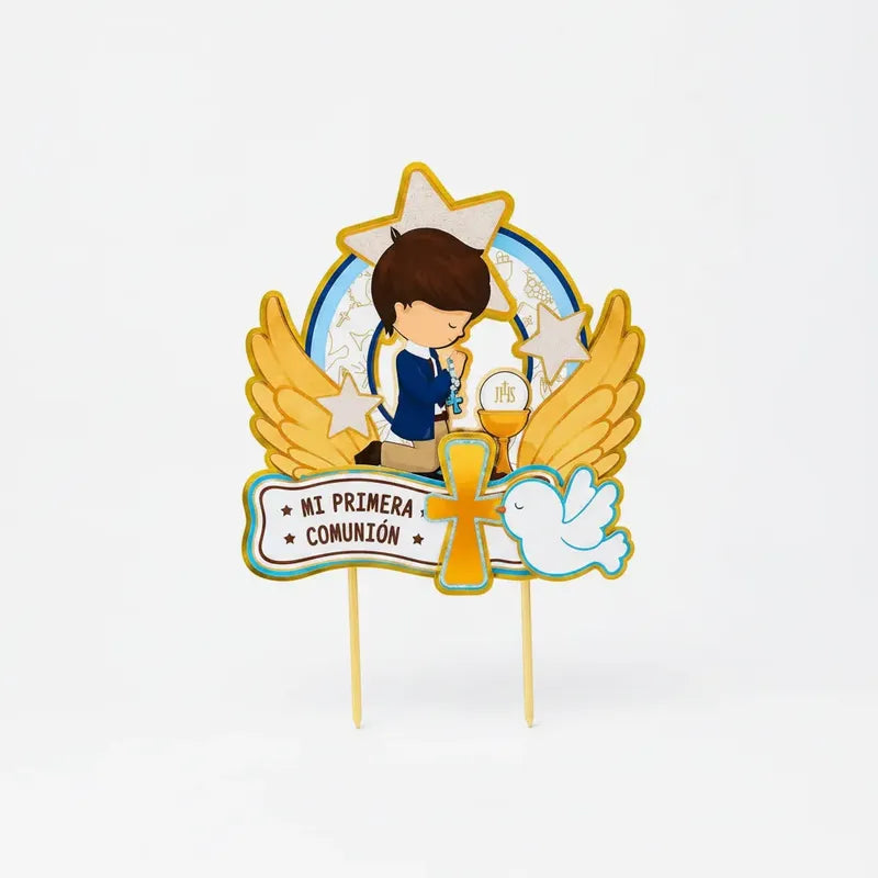 Topper Adorno Torta Mi Primera Comunión Niño Dorado