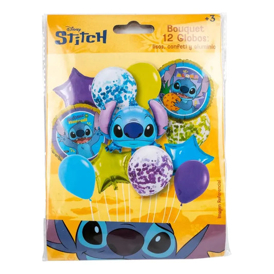 Set Kit Globos Metálicos Stitch Cumpleaños Fiesta 12 Piezas Celeste
