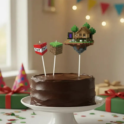 Set De 3 Velas Para Torta Party! De Minecraft Con Bloques Y Casa