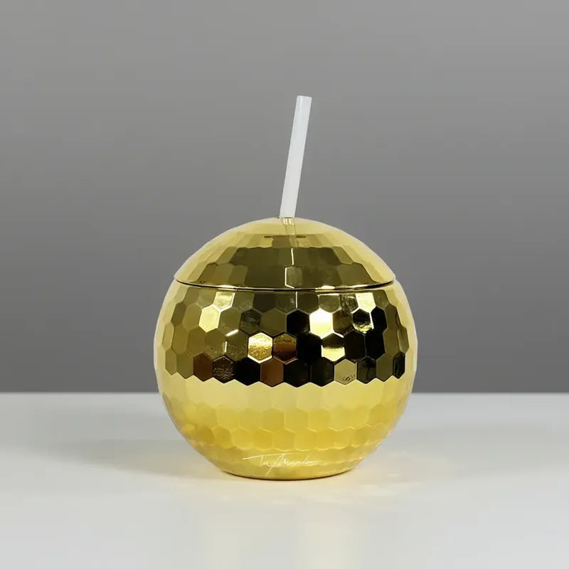 Vaso Copa Dorado Bola Disco Con Tapa Y Bombilla Para Fiestas Dorado