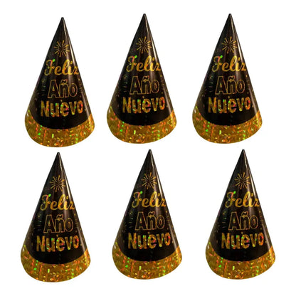 Pack 6 Gorros Cono Cotillón Año Nuevo Negro