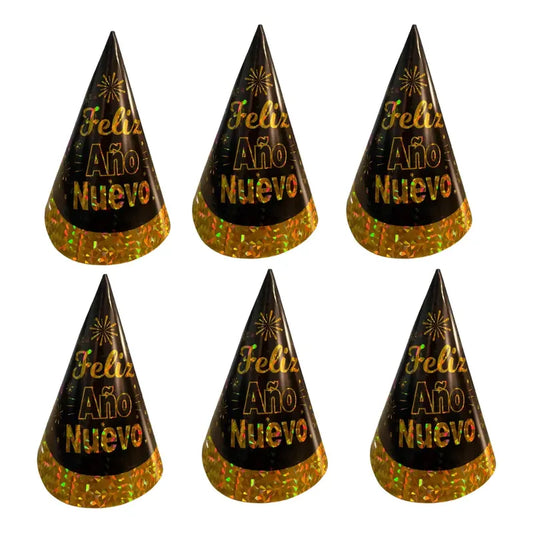 Pack 6 Gorros Cono Cotillón Año Nuevo Negro