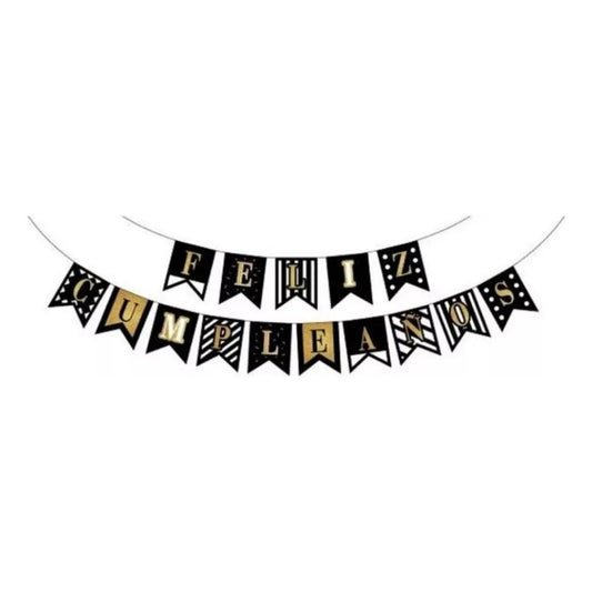 Guirnalda Feliz Cumpleaños Decoracion Negro Dorado