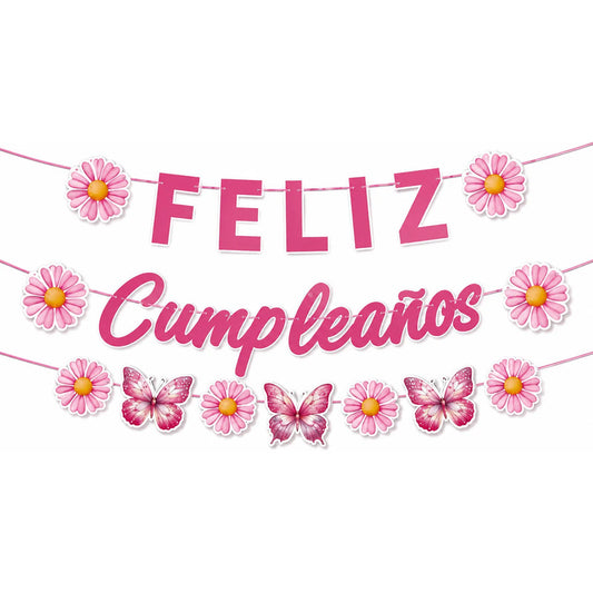Guirnalda Feliz Cumpleaños Con Flores Y Mariposas Rosadas Rosa