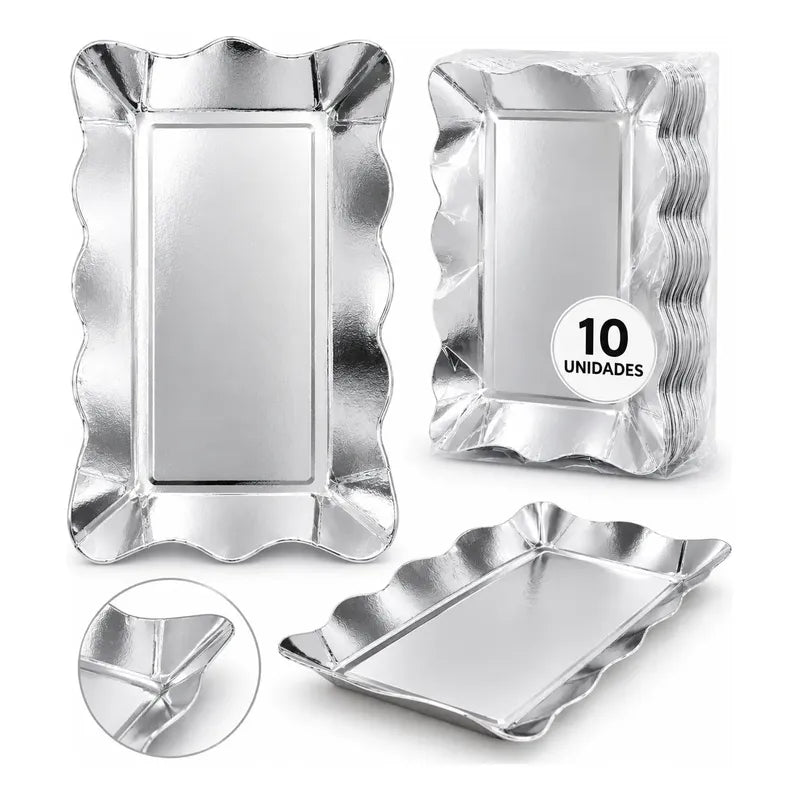 Pack 10 Bandejas Cartón Rectangulares Fiesta Cotillón Plateado