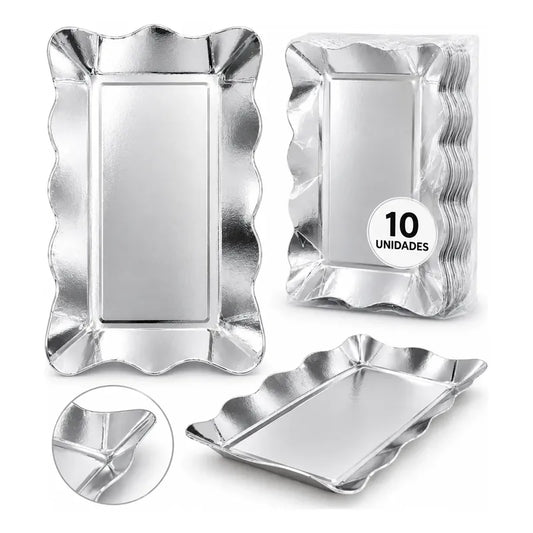 Pack 10 Bandejas Cartón Rectangulares Fiesta Cotillón Plateado