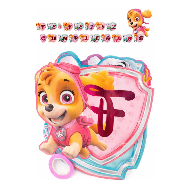 Guirnalda Paw Patrol Skye Feliz Cumpleaños Niña 3d Rosa