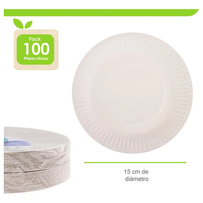 100 Platos De Carton # 3, Pastel Biodegradable, 15 Cm Color Blanco