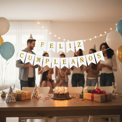 Cotillón Guirnalda Feliz Cumpleaños Banderín Blanco