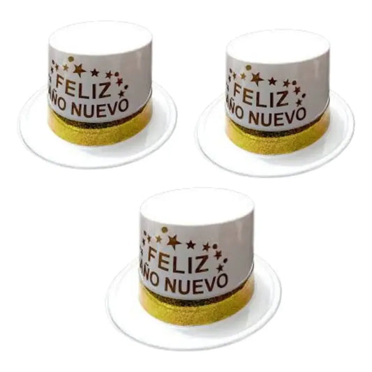 Sombrero Feliz Año Nuevo Blanco Dorado Fiesta Pack 3 Blanco