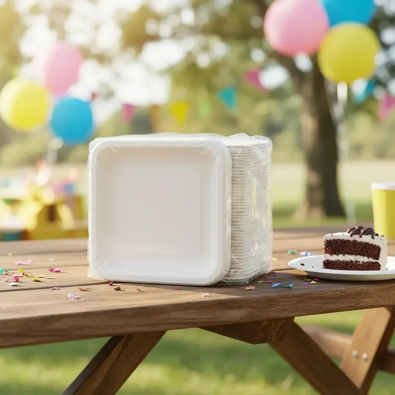 50 Platos Cuadrados Cartón Biodegradables 22 Cm Tortas Blanco