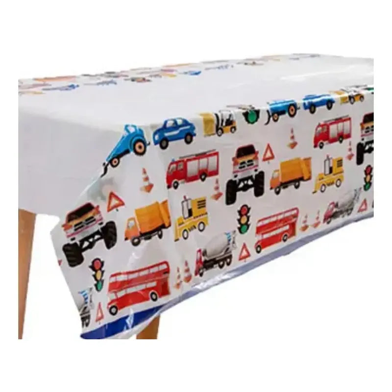Cotillón Cumpleaños Camión Mantel Decorativo Blanco Con Estampado Multicolor Camiones Y Vehículos