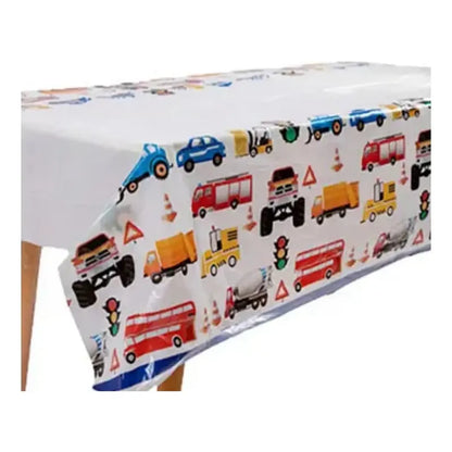 Cotillón Cumpleaños Camión Mantel Decorativo Blanco Con Estampado Multicolor Camiones Y Vehículos