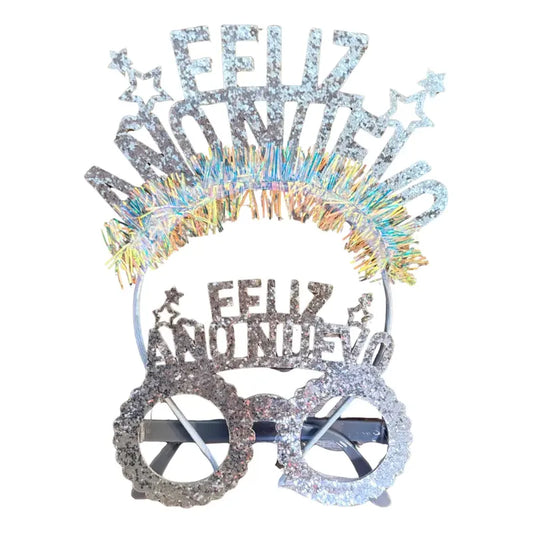 Pack Cintillo + Lentes Feliz Año Nuevo Cotillón Dorado