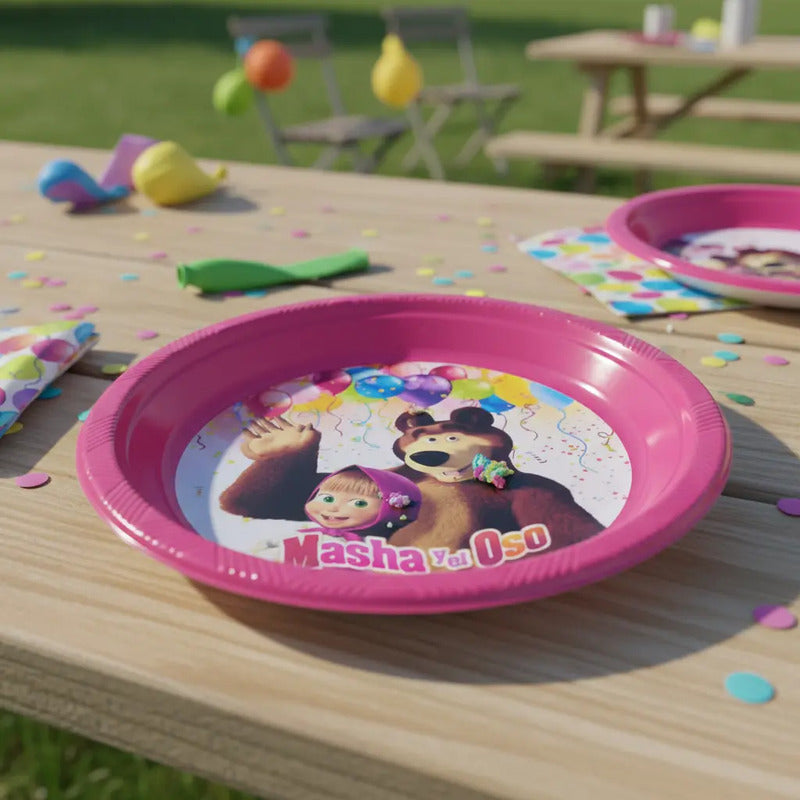 Plato Masha Y El Oso Fiesta Infantil Rosado X 6 Fucsia