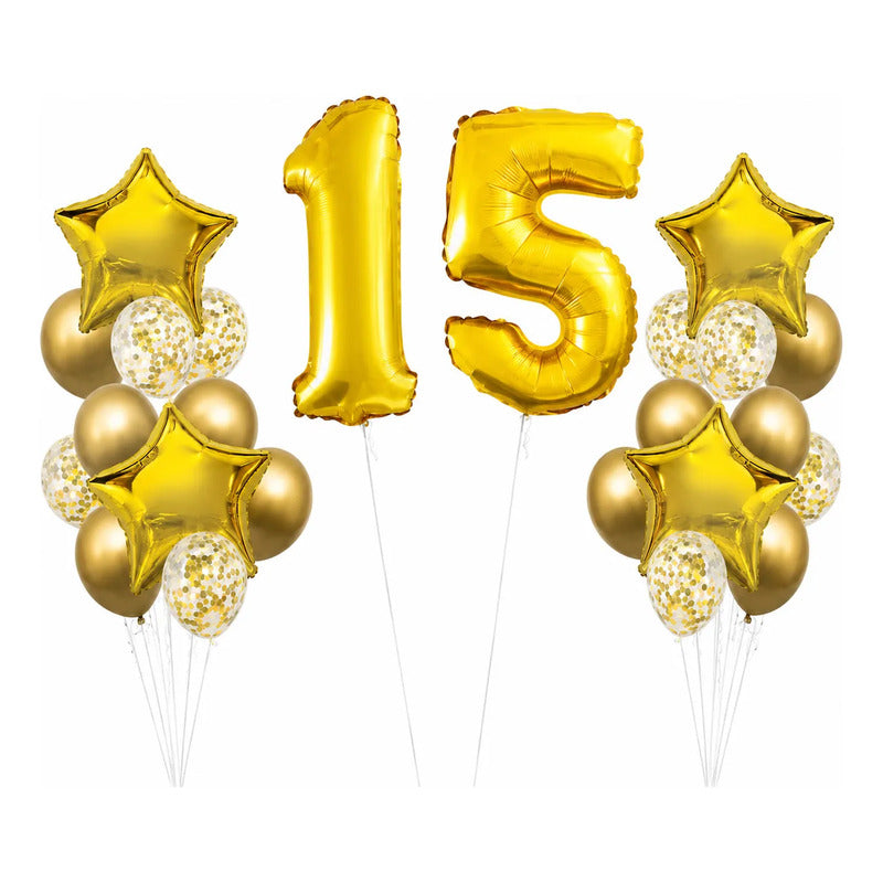 Set Globos Metalizados Cumpleaños 15 Años Fiesta Colores Dorado