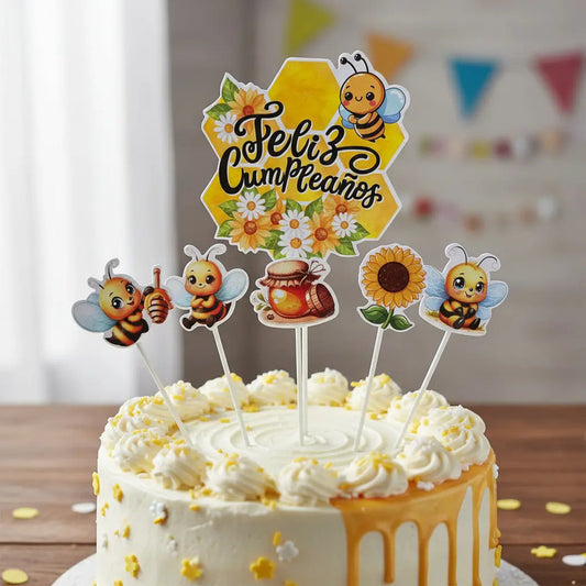 Topper Decorativo Para Torta Cumpleaños Abejita X 6 Unidades Amarillo