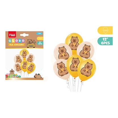 Set 6 Globos Látex Capibara Capybara Cumpleaños Marrón