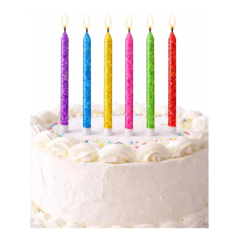 6 Unidades Velas De Cumpleaños Largas Colores Con Glitter