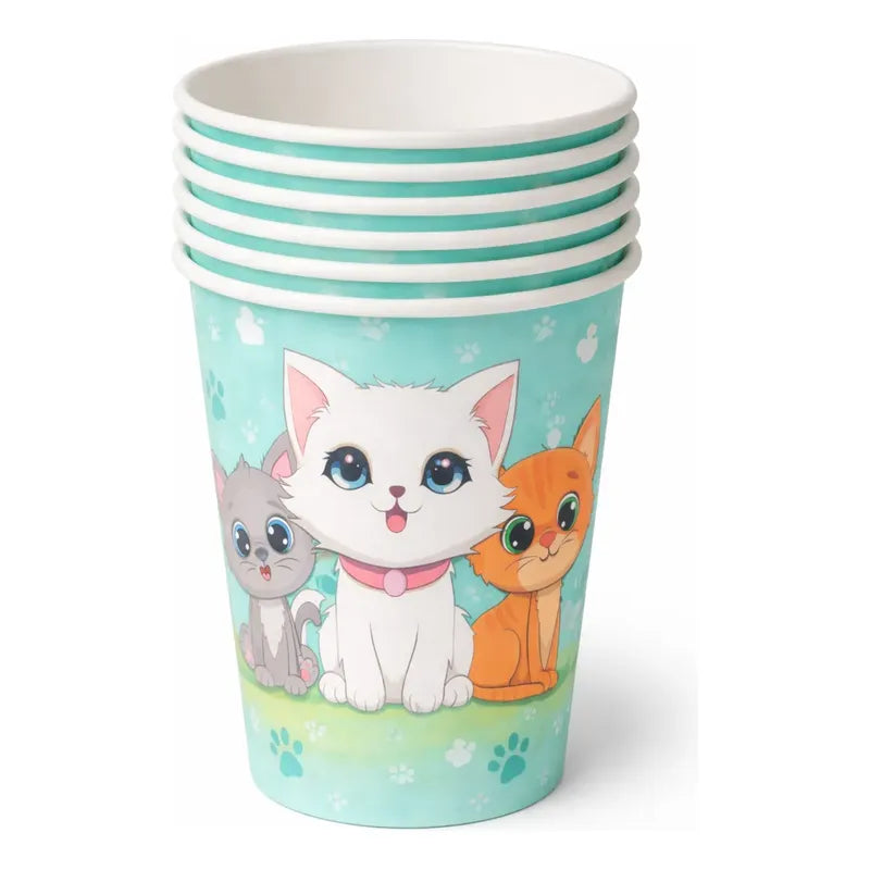 Pack 6 Vasos De Gatitos Kawaii Para Cumpleaños Turquesa