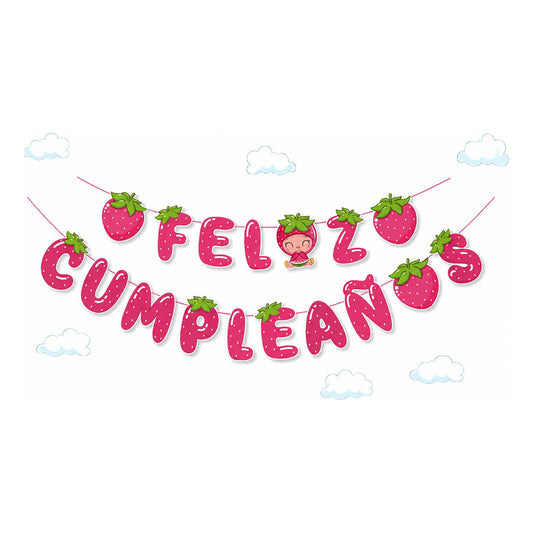 Banderín Feliz Cumpleaños Diseño Frutilla Decoración Fiesta Rosa Chicle
