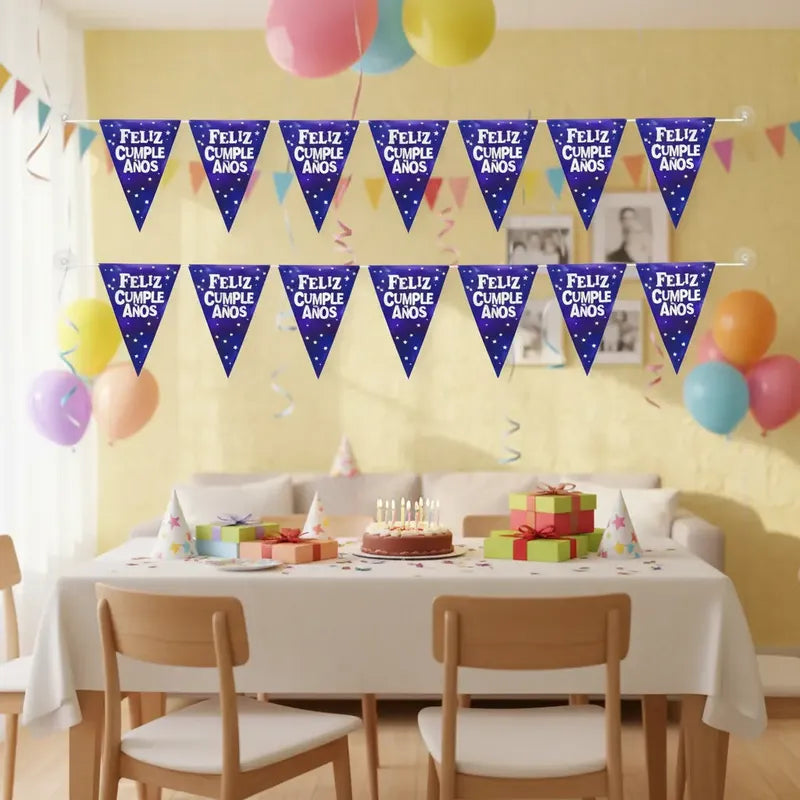 Banderín  Triángulos Feliz Cumpleaños  Decoración Fiesta Azul