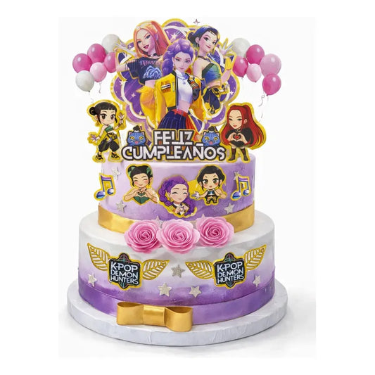Set Topper Adorno Torta Guerreras K-pop Demon Hunters Violeta