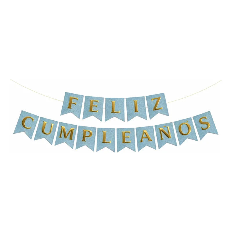 Cotillón Guirnalda Banderin Feliz Cumpleaño Celeste Glitter Celeste Con Glitter Y Letras Doradas Feliz Cumpleaños